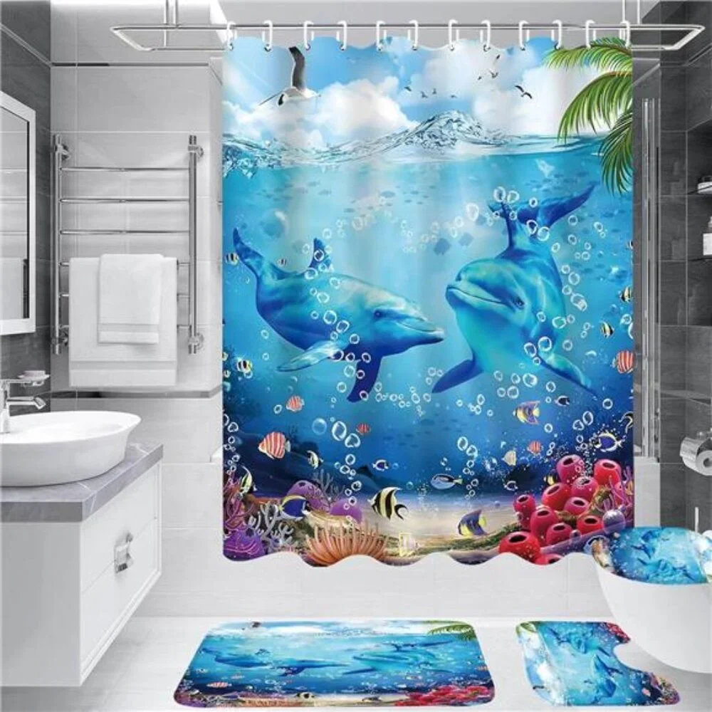 4Pcs Blue Ocean Dolphin Shower Curtain Sets with Rugs,Toilet Lid Cover & BathMat